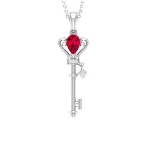 Designer Pear Cut Created Ruby and Diamond Key Pendant