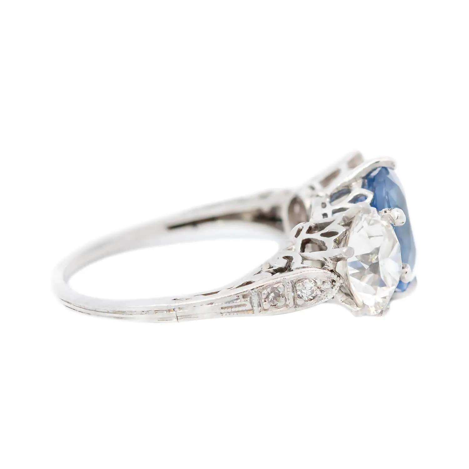 Edwardian Platinum GIA No Heat Sapphire and Diamond Three Stone Ring