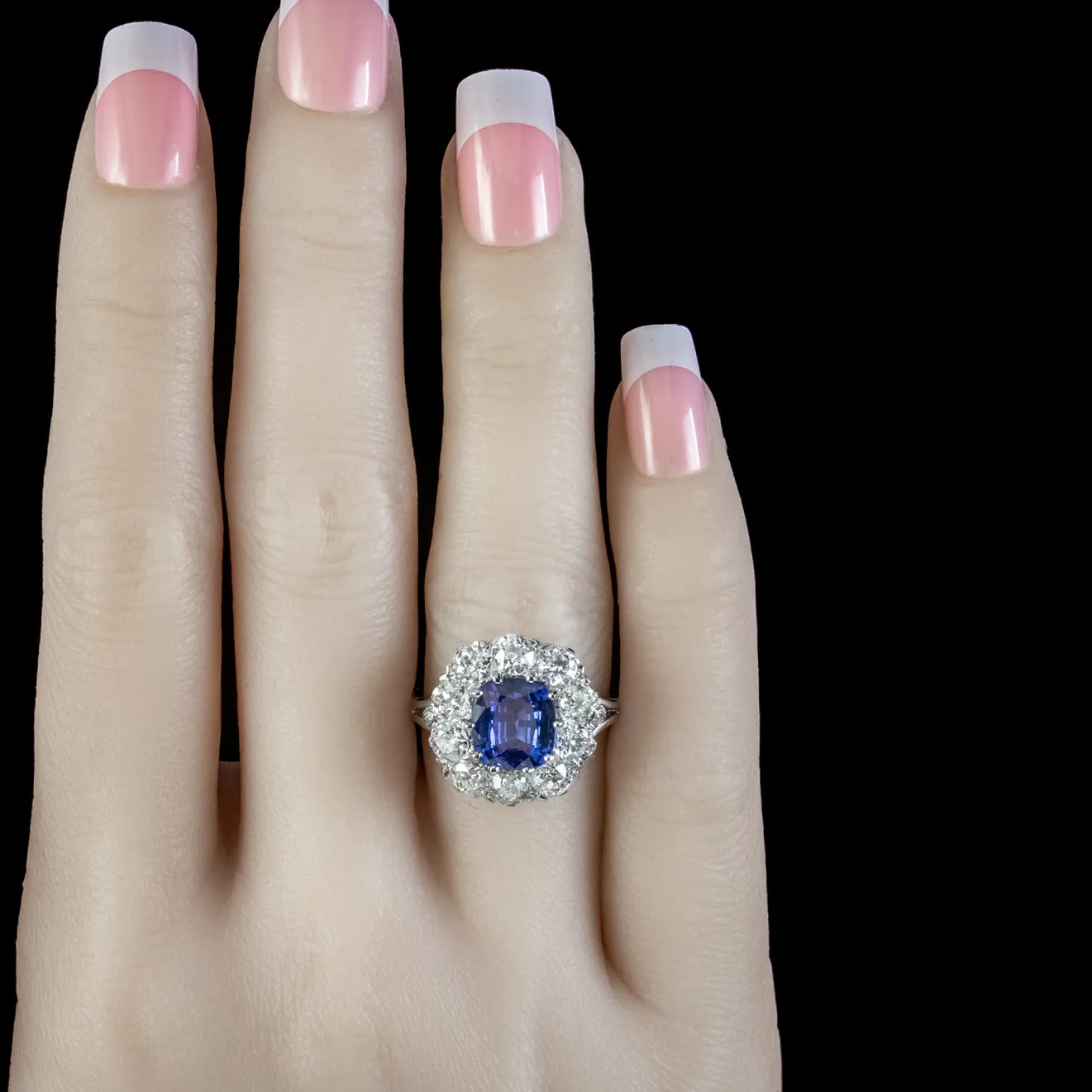 Edwardian Style Sapphire Diamond Cluster Ring 3.25ct Sapphire