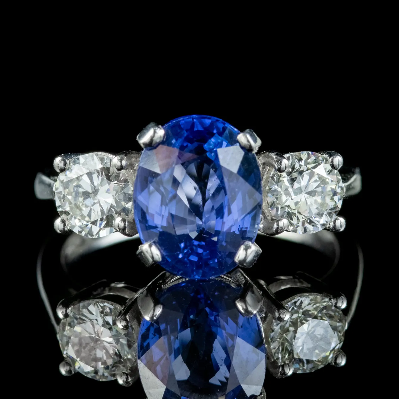 Edwardian Style Sapphire Diamond Trilogy Ring Platinum 3.38ct Sapphire 1.20ct Of Diamond