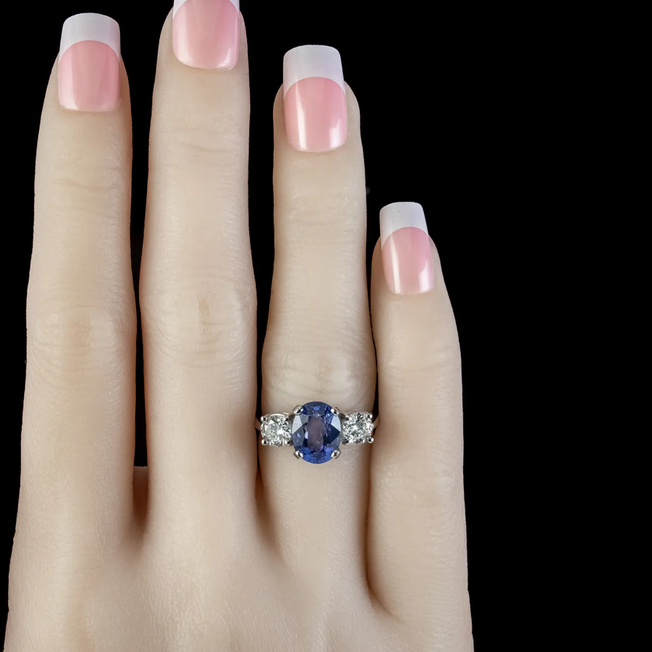 Edwardian Style Sapphire Diamond Trilogy Ring Platinum 3.38ct Sapphire 1.20ct Of Diamond