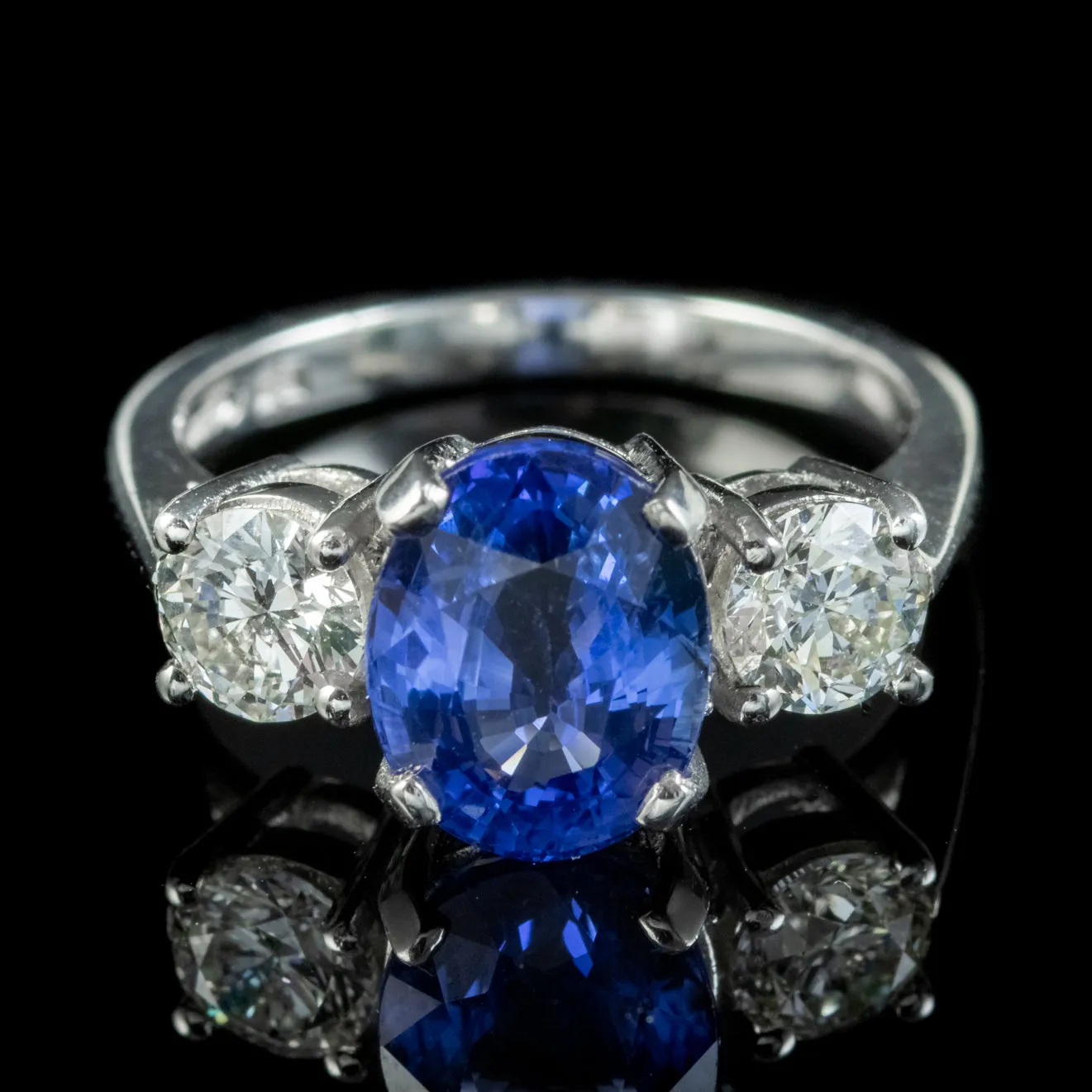 Edwardian Style Sapphire Diamond Trilogy Ring Platinum 3.38ct Sapphire 1.20ct Of Diamond