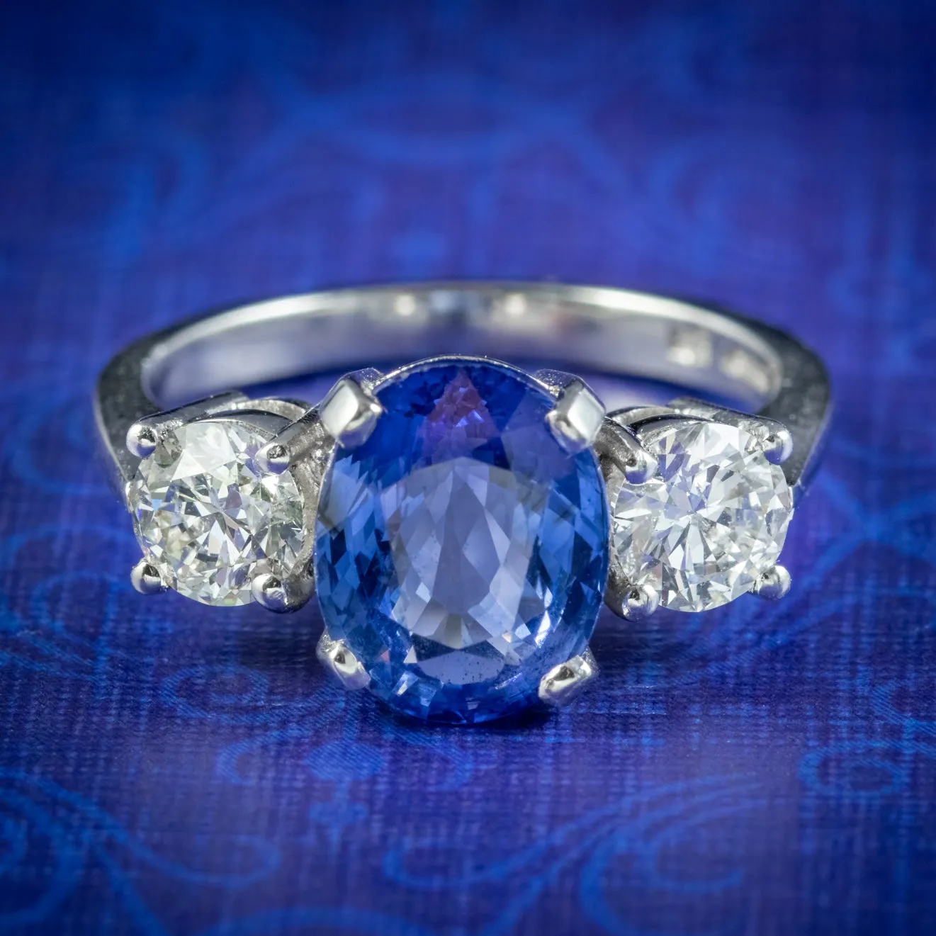 Edwardian Style Sapphire Diamond Trilogy Ring Platinum 3.38ct Sapphire 1.20ct Of Diamond