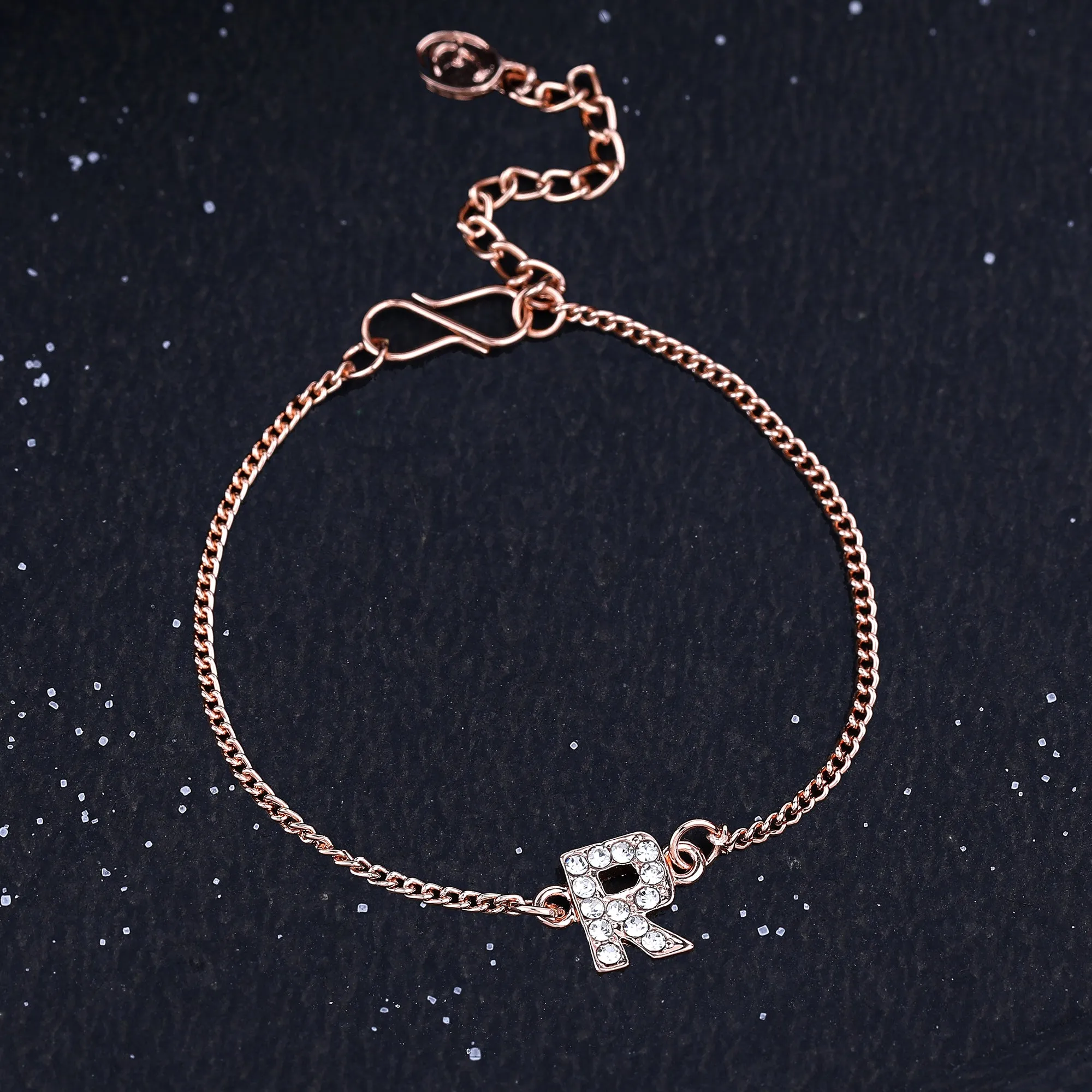 Estele Rose Gold Plated Captivating Medium 'R' Letter Bracelet with Crystals for Women