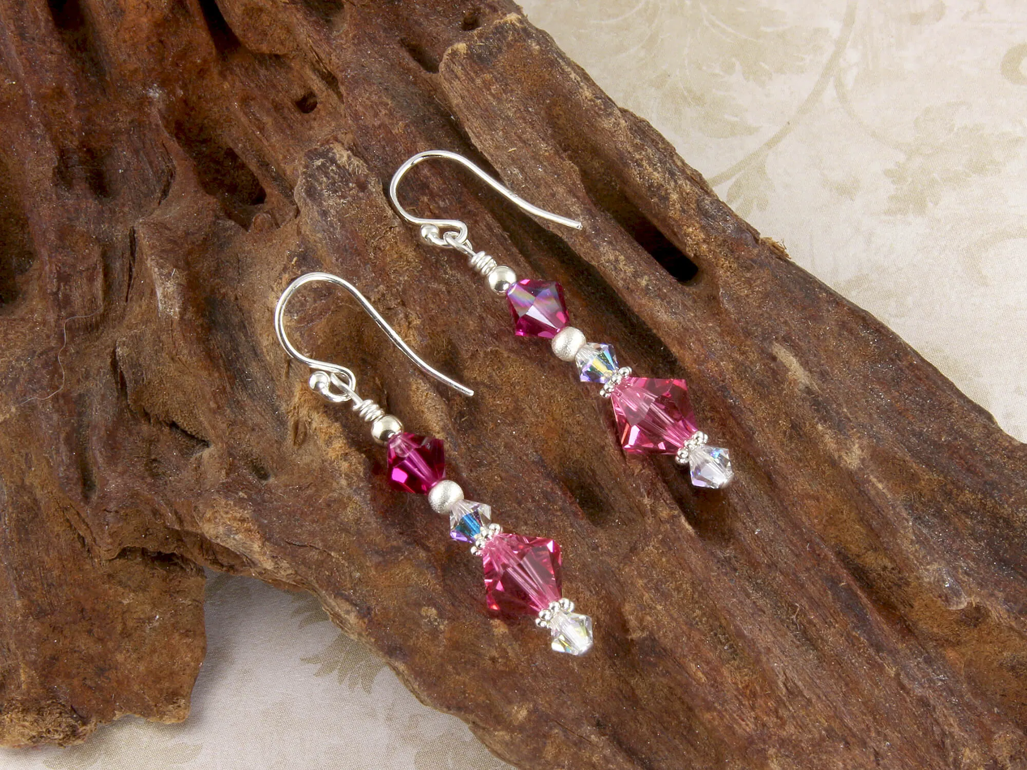 Fuchsia Rose Pink Crystal Beaded Earrings