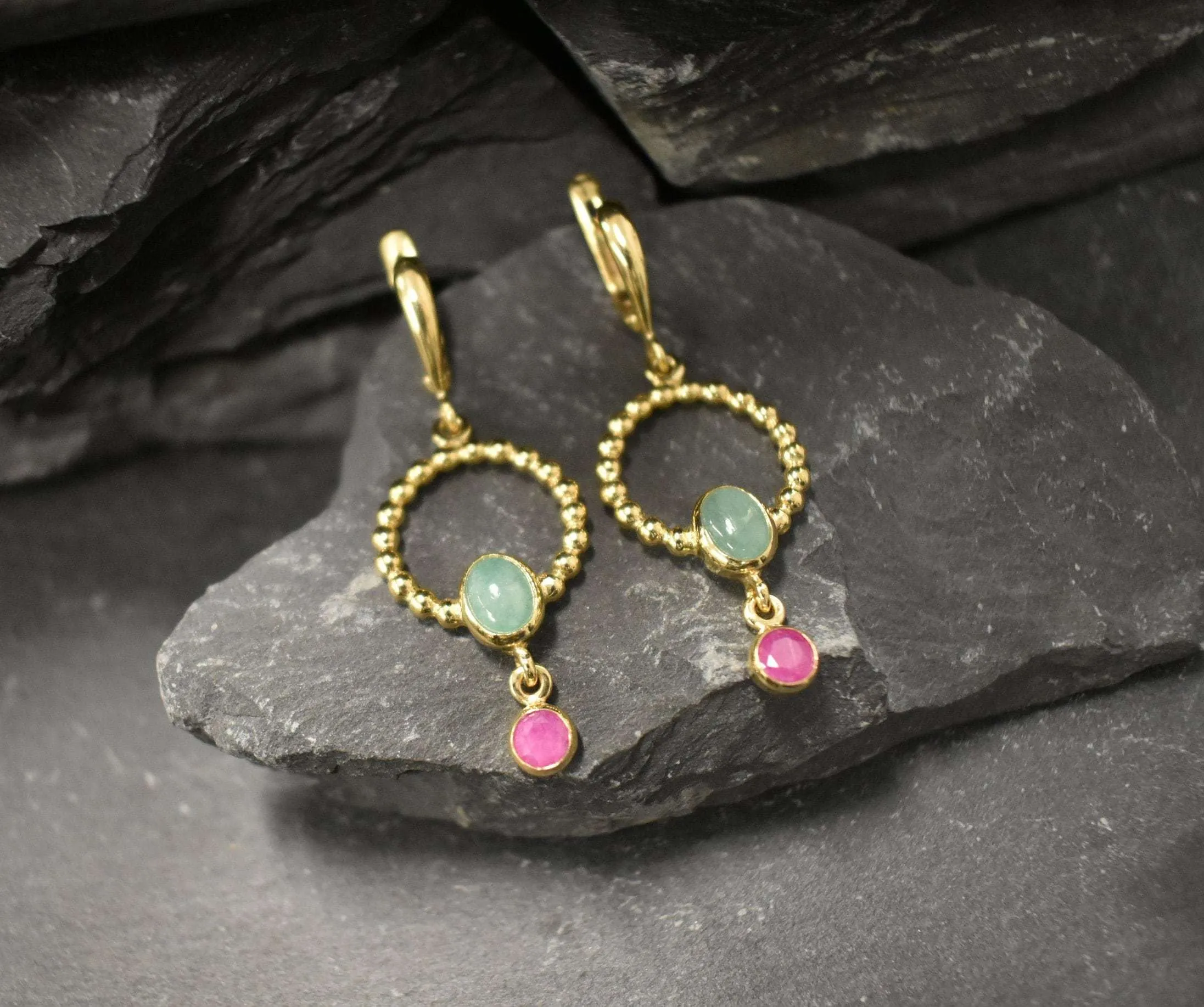 Gold Emerald Circle Earrings - Long Dangling Emerald Earrings, Emerald Ruby Earrings