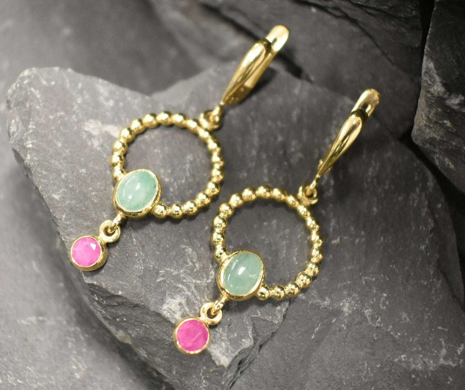 Gold Emerald Circle Earrings - Long Dangling Emerald Earrings, Emerald Ruby Earrings