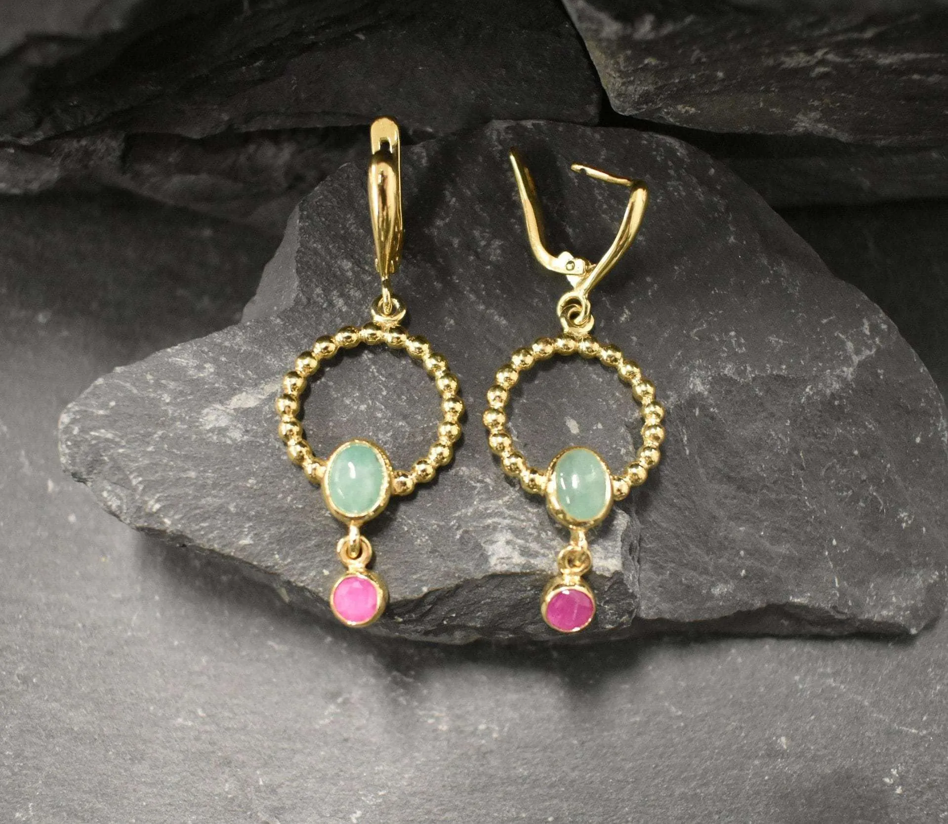 Gold Emerald Circle Earrings - Long Dangling Emerald Earrings, Emerald Ruby Earrings