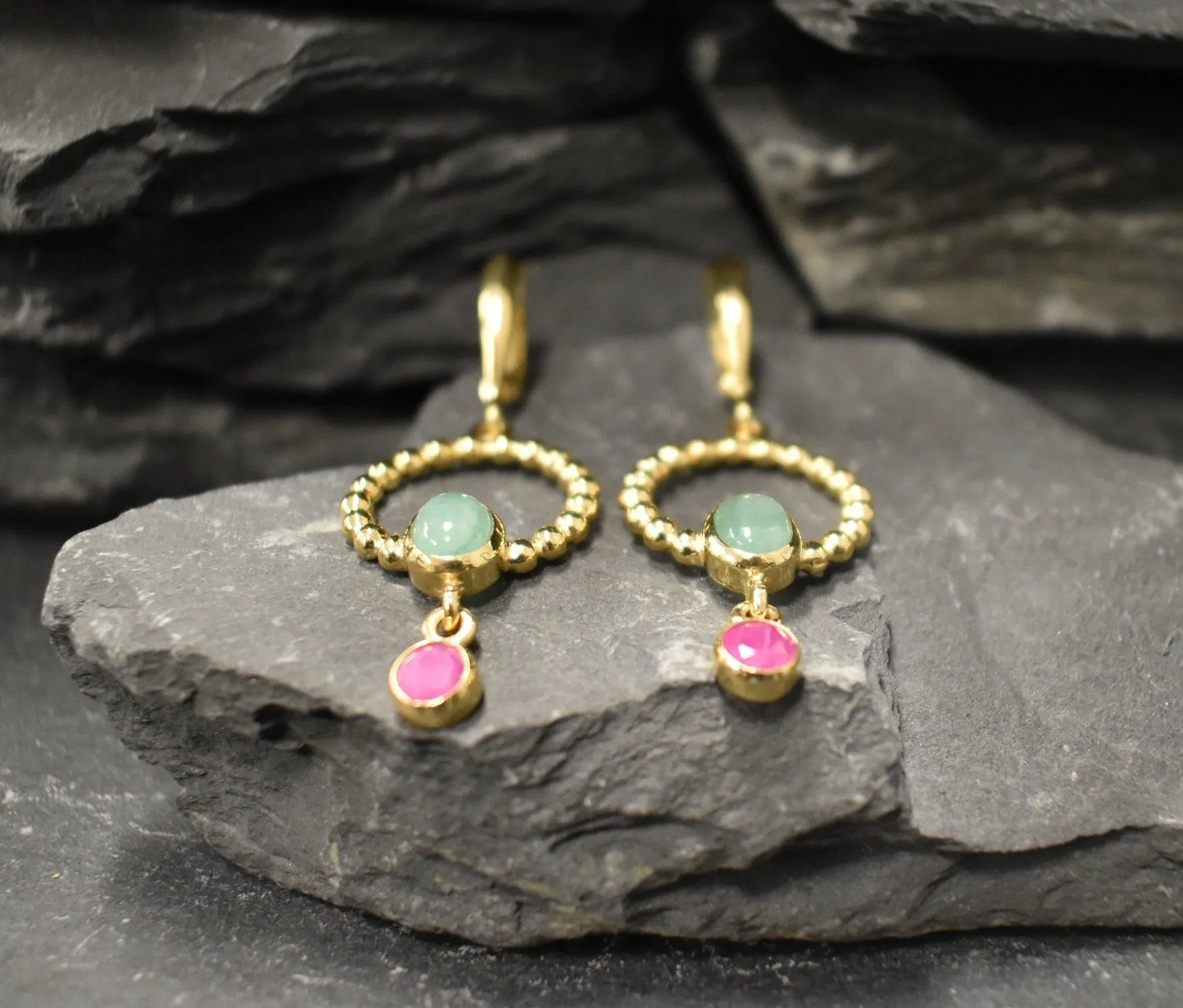 Gold Emerald Circle Earrings - Long Dangling Emerald Earrings, Emerald Ruby Earrings