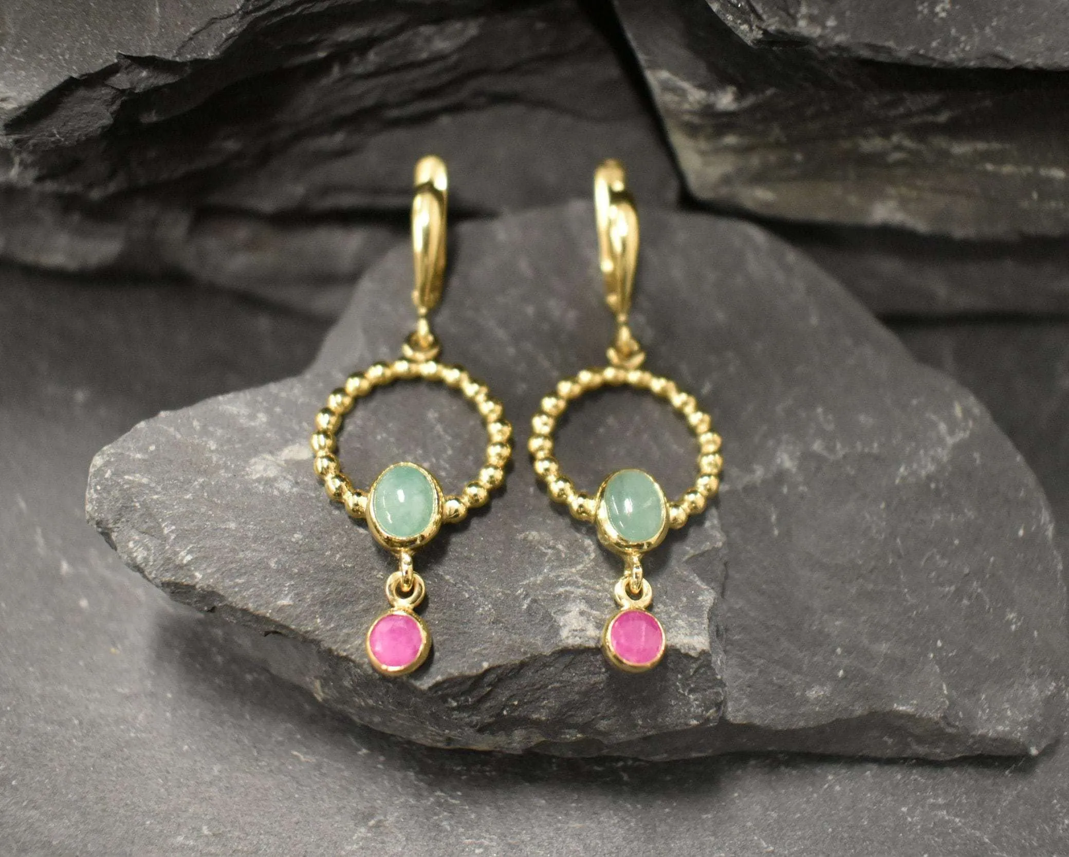 Gold Emerald Circle Earrings - Long Dangling Emerald Earrings, Emerald Ruby Earrings