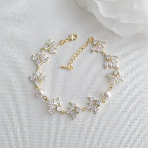 Gold Wedding Bracelet With Cubic Zirconia & Pearls-Rosa