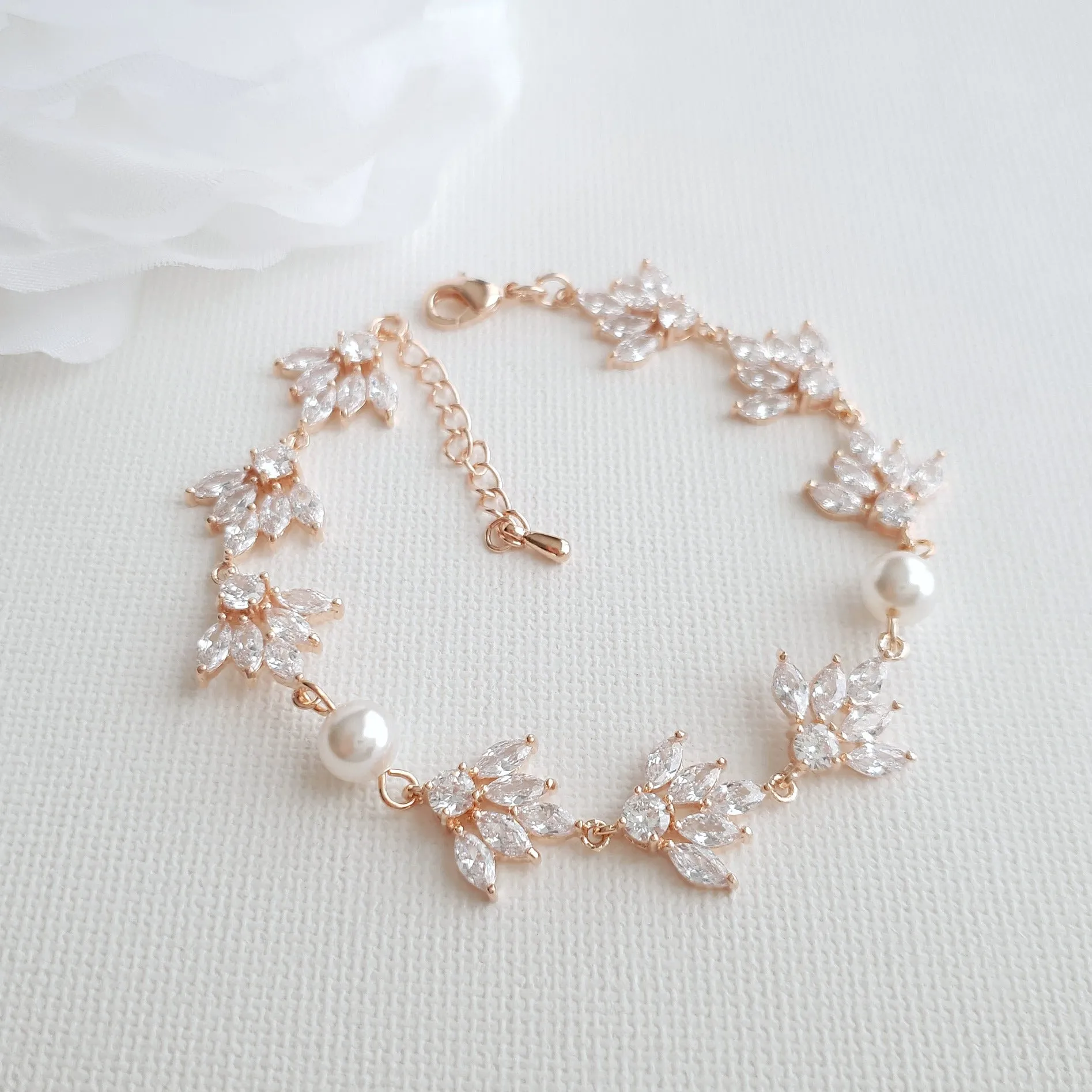 Gold Wedding Bracelet With Cubic Zirconia & Pearls-Rosa