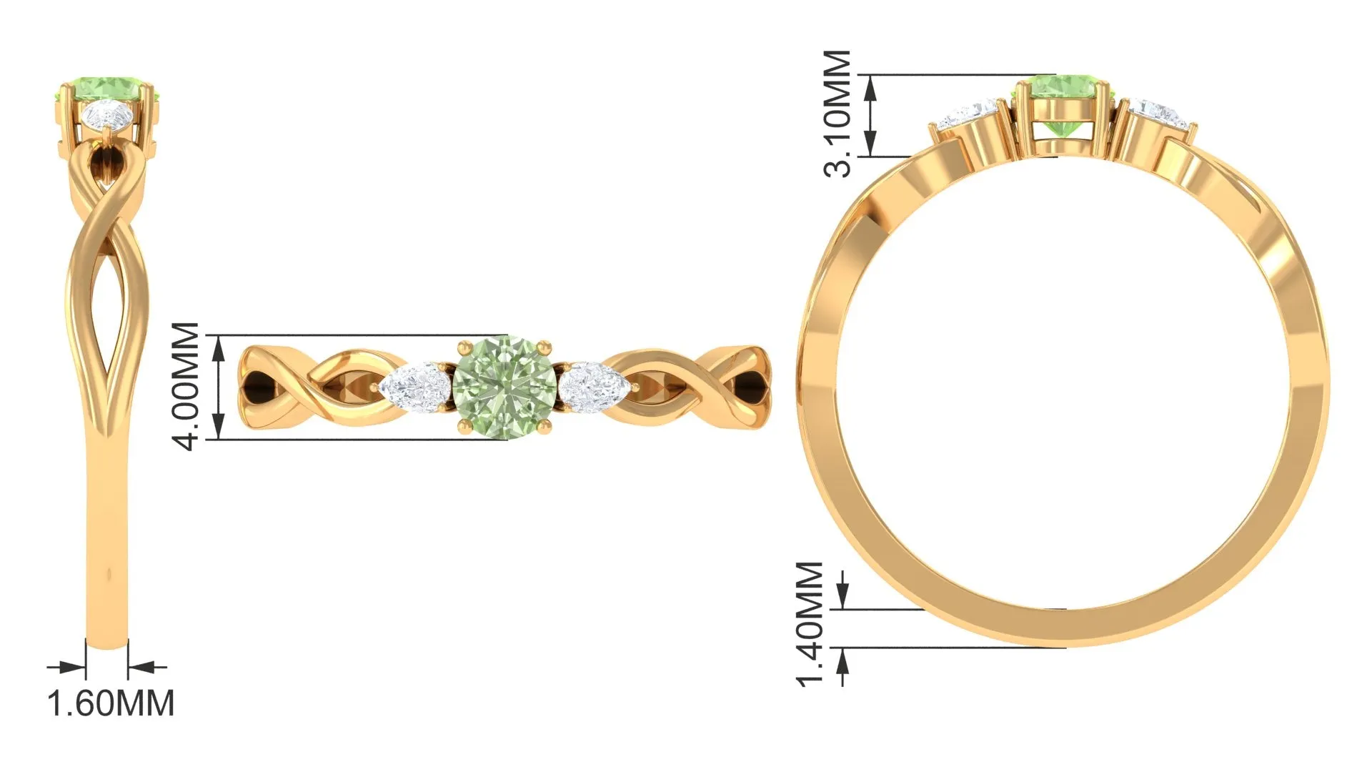 Green Sapphire and Diamond 3 Stone Promise Ring with Crossover Shank