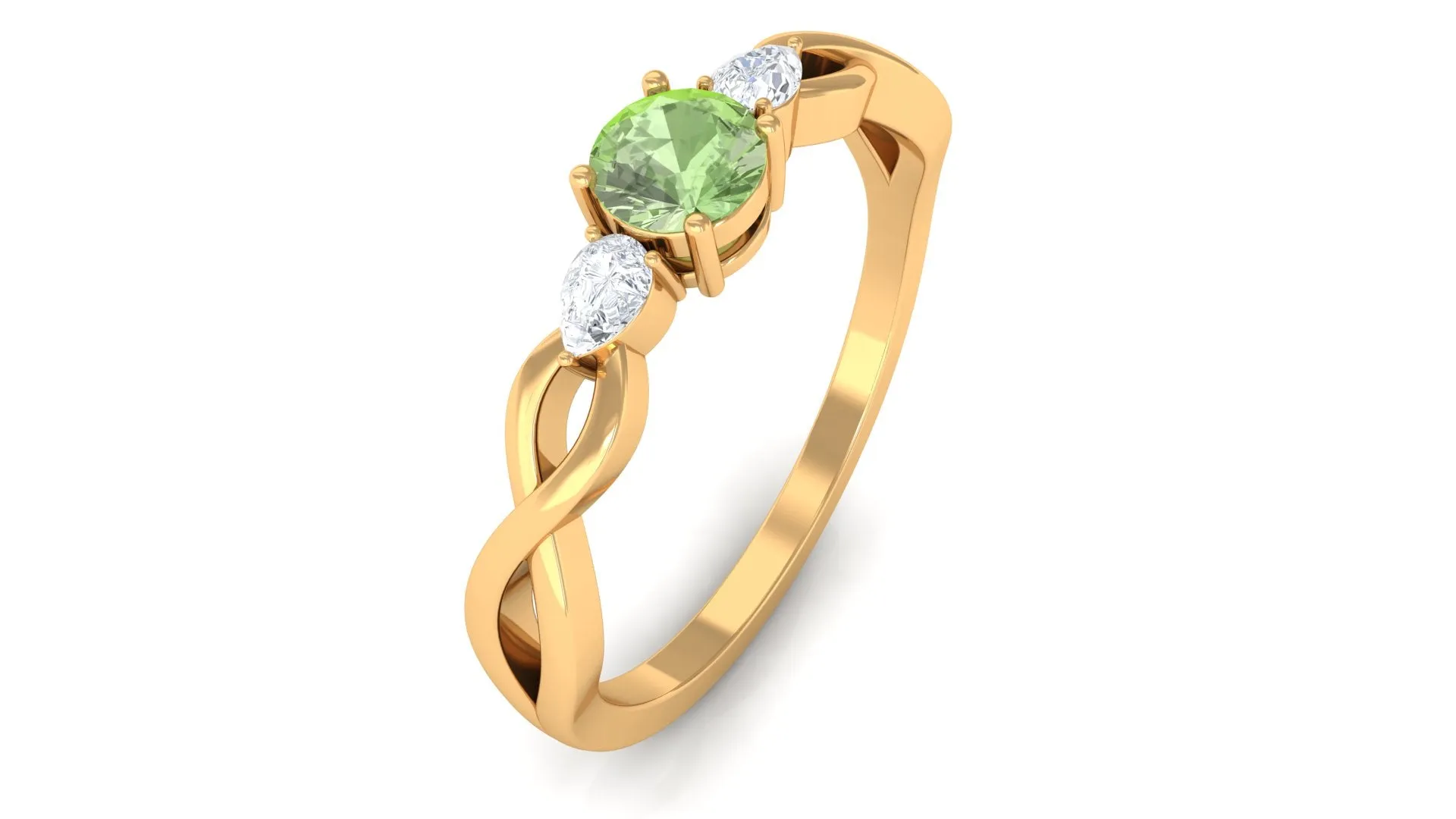 Green Sapphire and Diamond 3 Stone Promise Ring with Crossover Shank