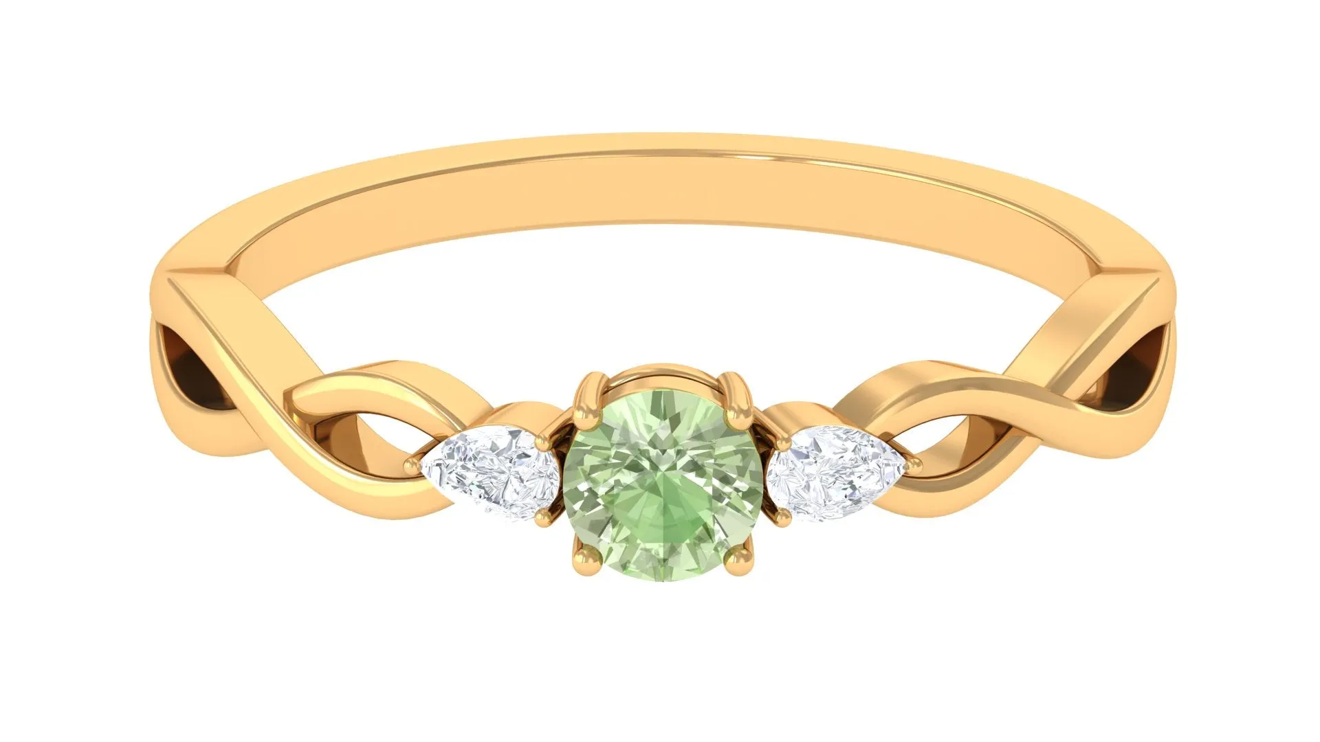 Green Sapphire and Diamond 3 Stone Promise Ring with Crossover Shank