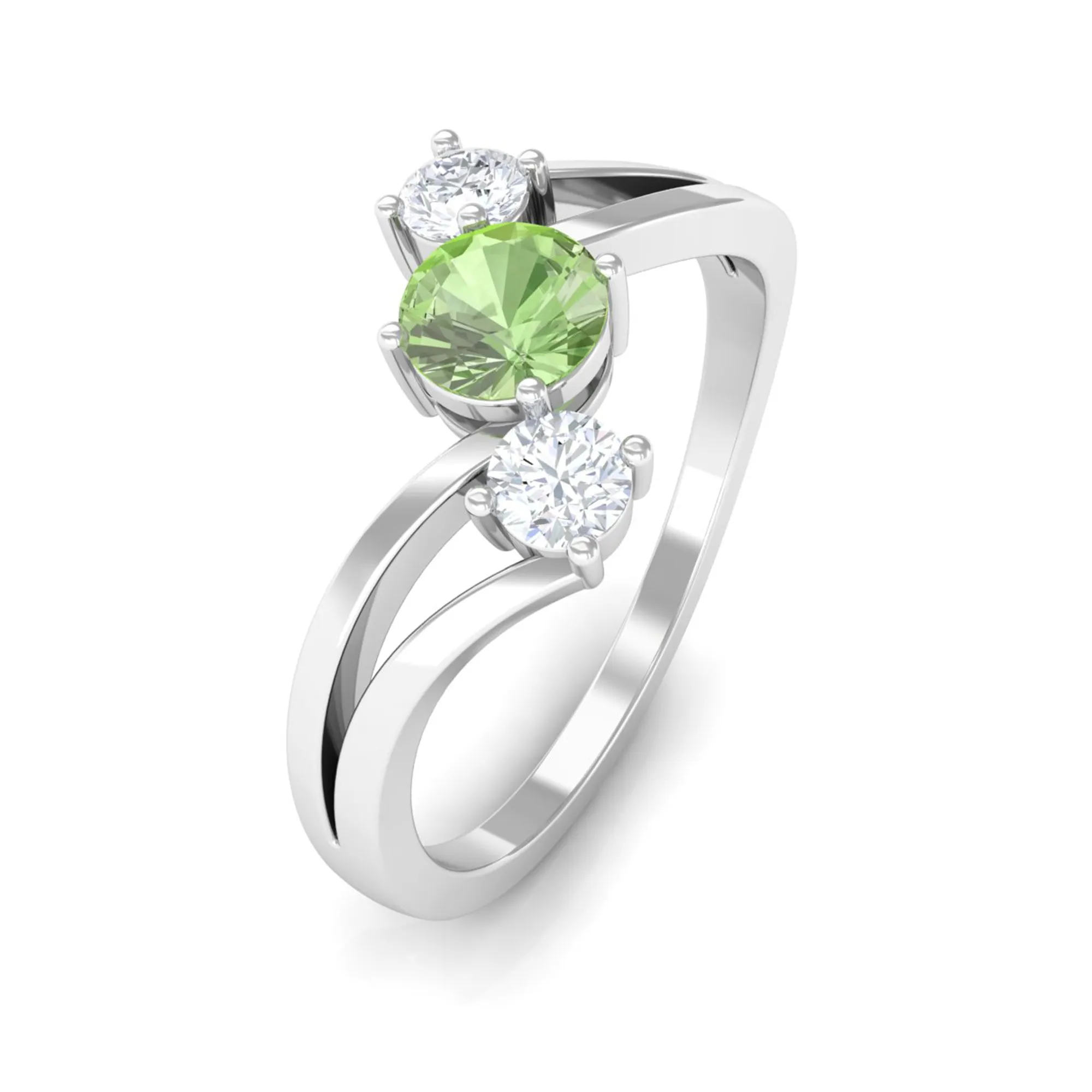 Green Sapphire and Diamond Three Stone Bypass Ring