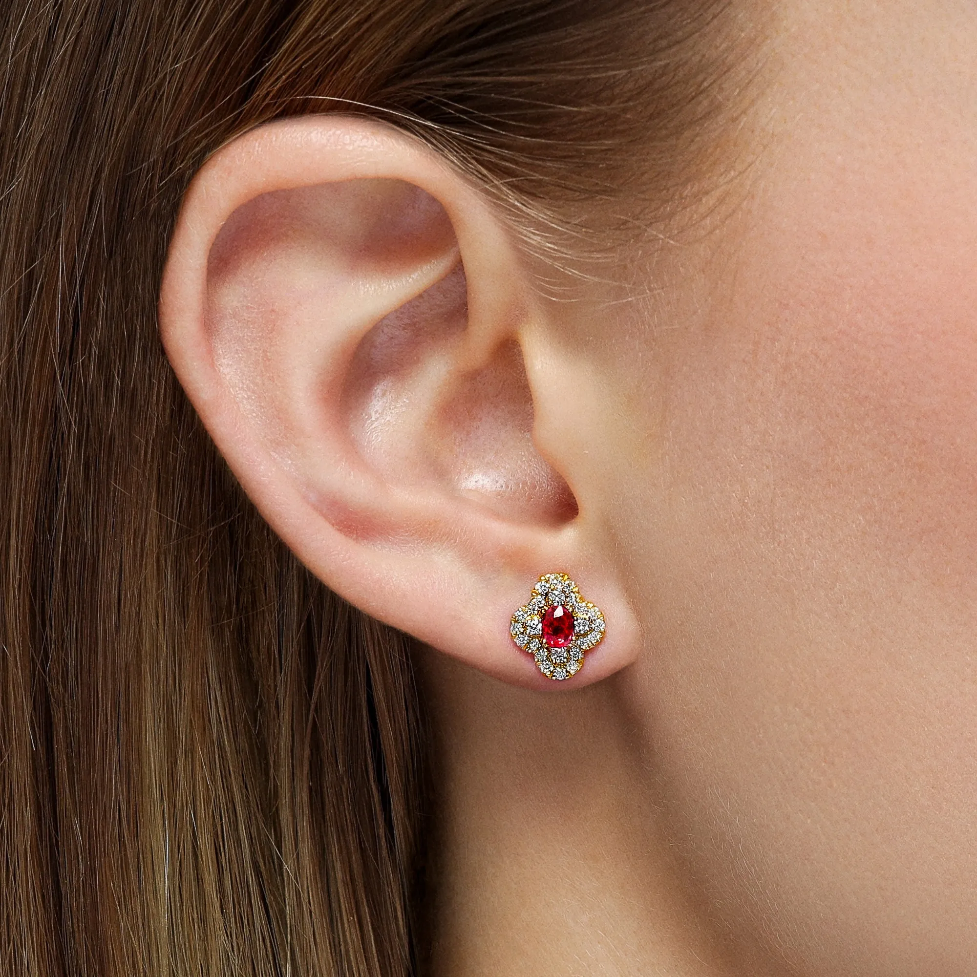 Half Moon Clover Ruby and Diamond Stud Earrings