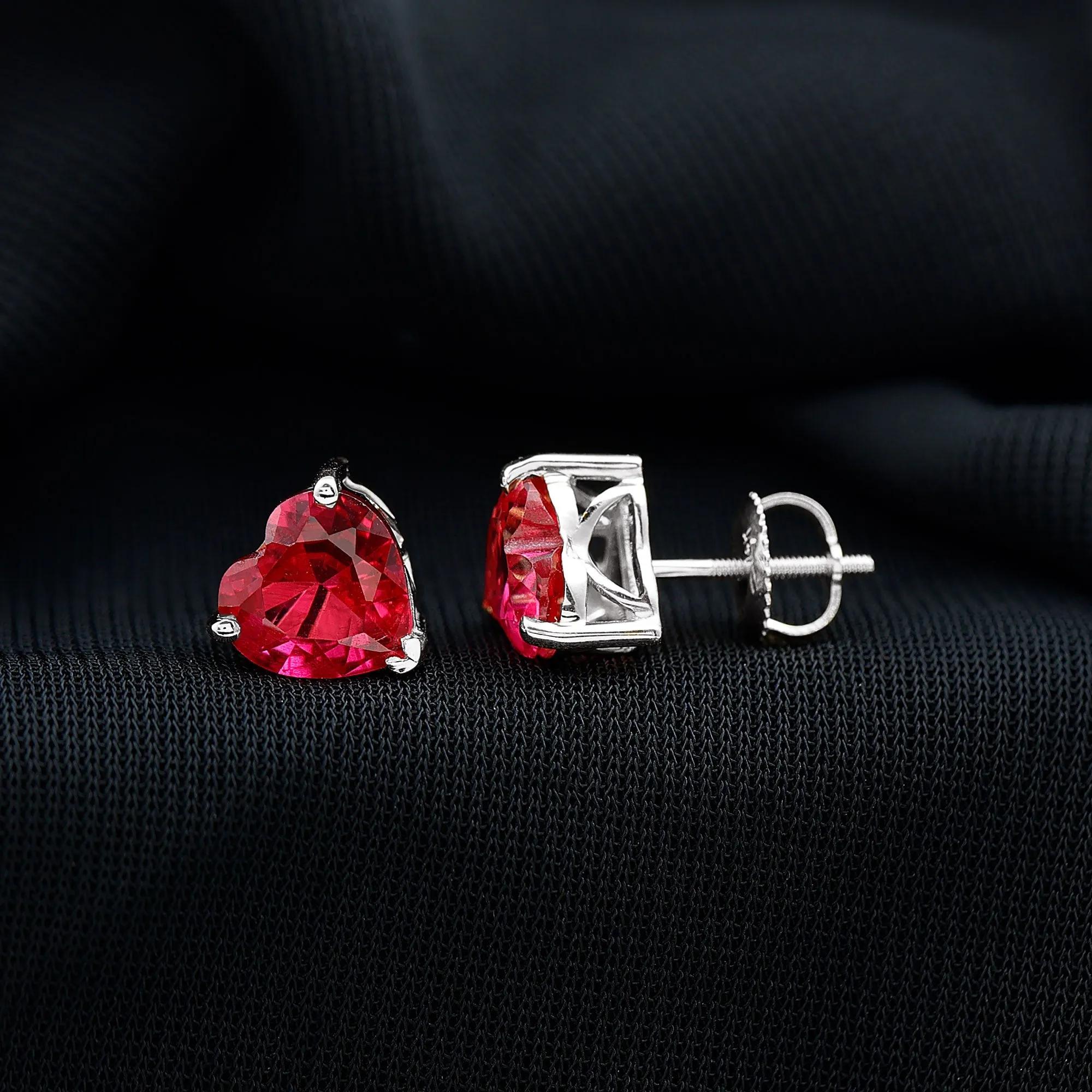 Heart Shape Created Ruby Solitaire Stud Earrings