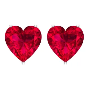 Heart Shape Created Ruby Solitaire Stud Earrings