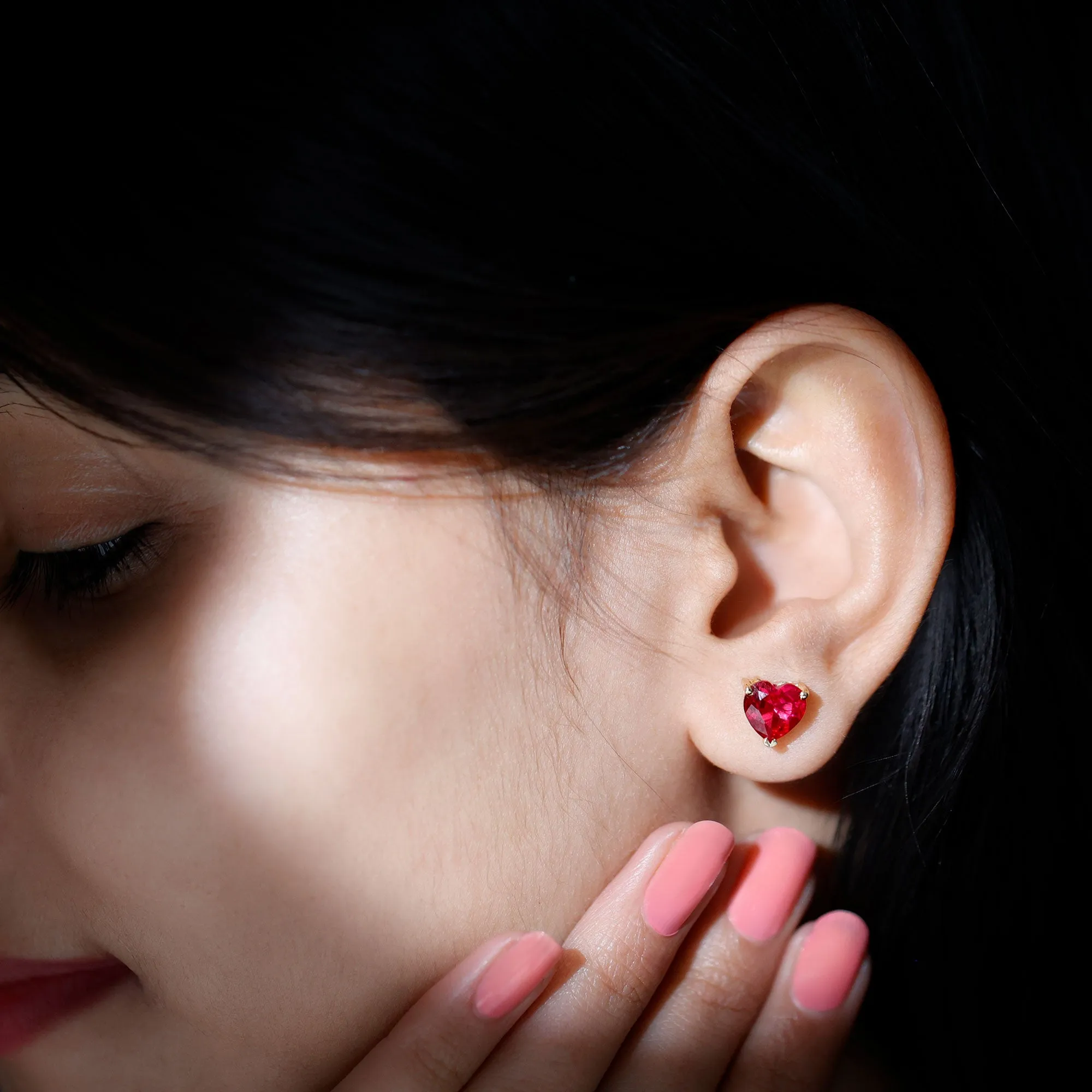 Heart Shape Created Ruby Solitaire Stud Earrings