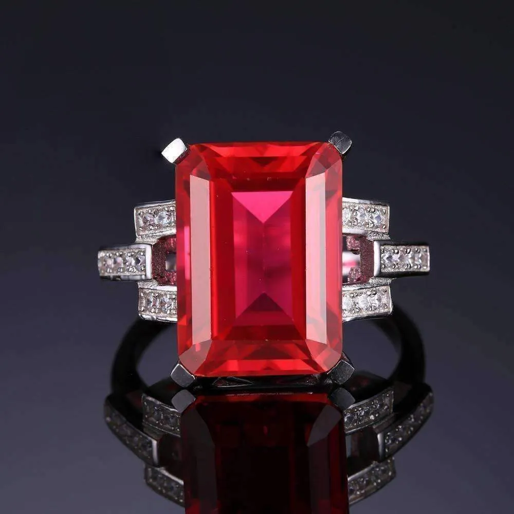 Heirloom 9CT Emerald Cut Simulated Pigeon Blood Ruby IOBI Precious Gems 925 Sterling Silver Ring