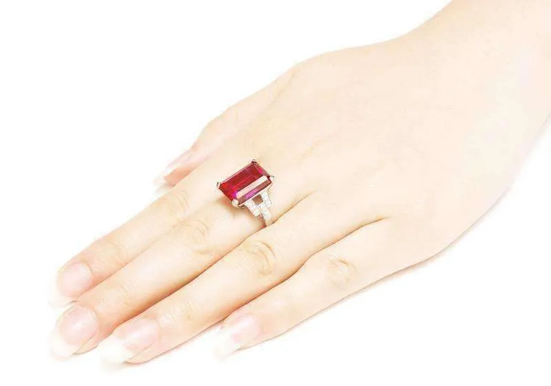 Heirloom 9CT Emerald Cut Simulated Pigeon Blood Ruby IOBI Precious Gems 925 Sterling Silver Ring