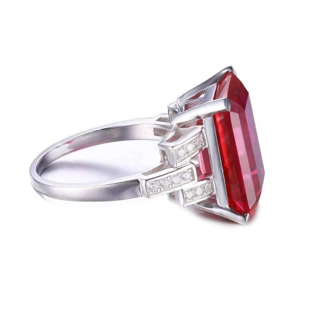 Heirloom 9CT Emerald Cut Simulated Pigeon Blood Ruby IOBI Precious Gems 925 Sterling Silver Ring