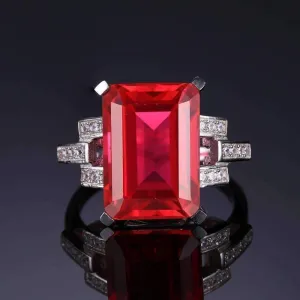 Heirloom 9CT Emerald Cut Simulated Pigeon Blood Ruby IOBI Precious Gems 925 Sterling Silver Ring