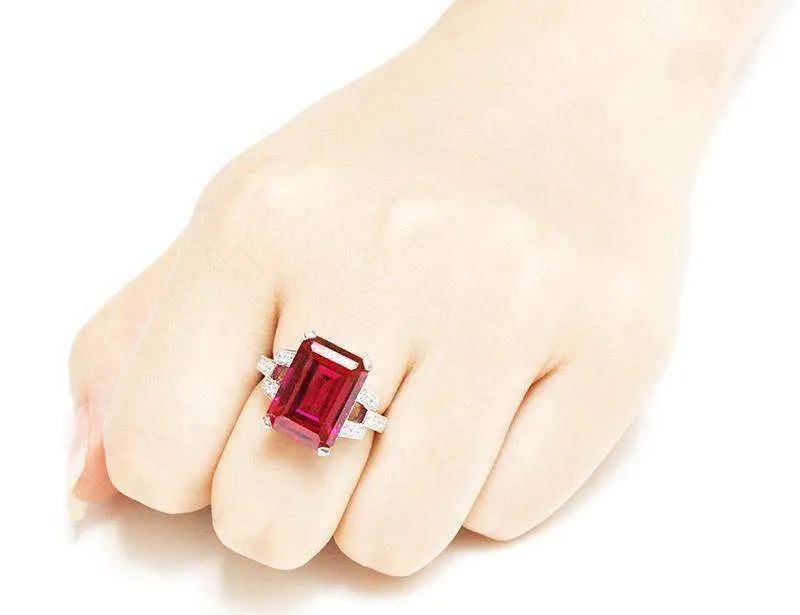 Heirloom 9CT Emerald Cut Simulated Pigeon Blood Ruby IOBI Precious Gems 925 Sterling Silver Ring