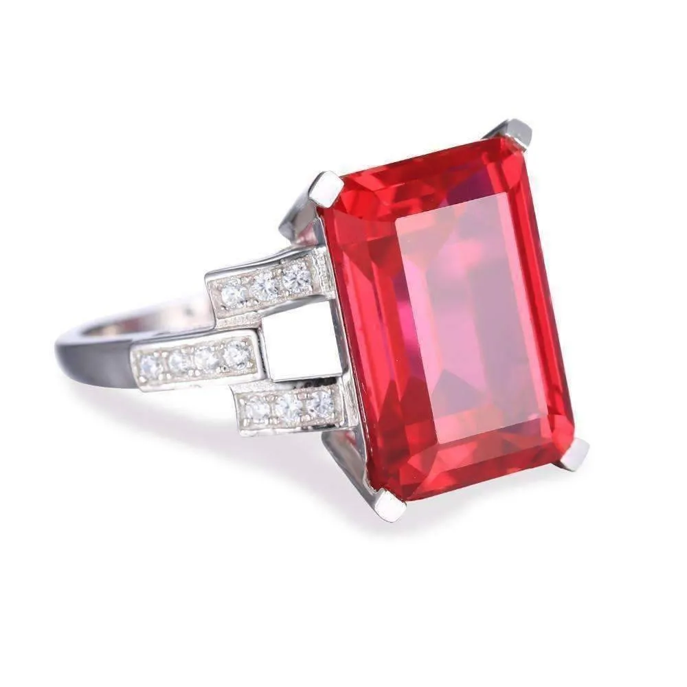 Heirloom 9CT Emerald Cut Simulated Pigeon Blood Ruby IOBI Precious Gems 925 Sterling Silver Ring