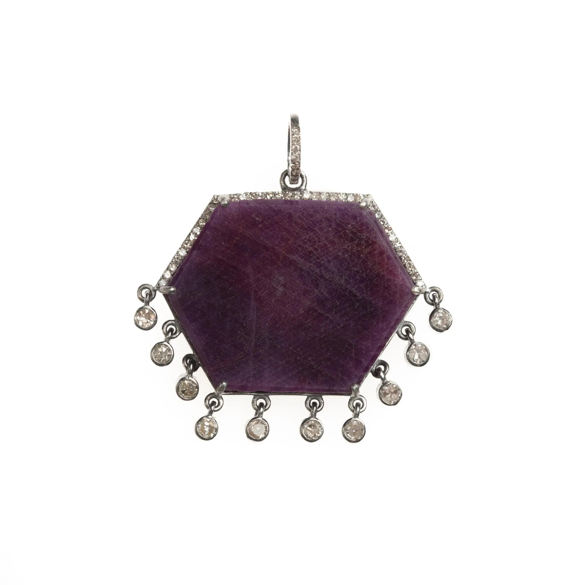 Hexagon Raw Ruby Slice with Diamond Dangle Pendant