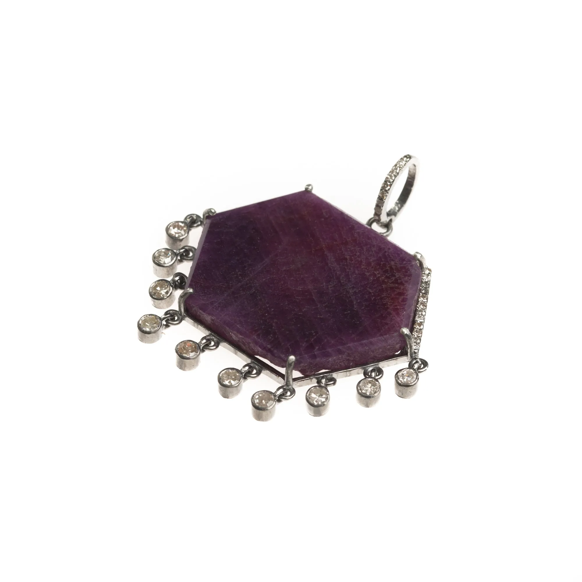 Hexagon Raw Ruby Slice with Diamond Dangle Pendant