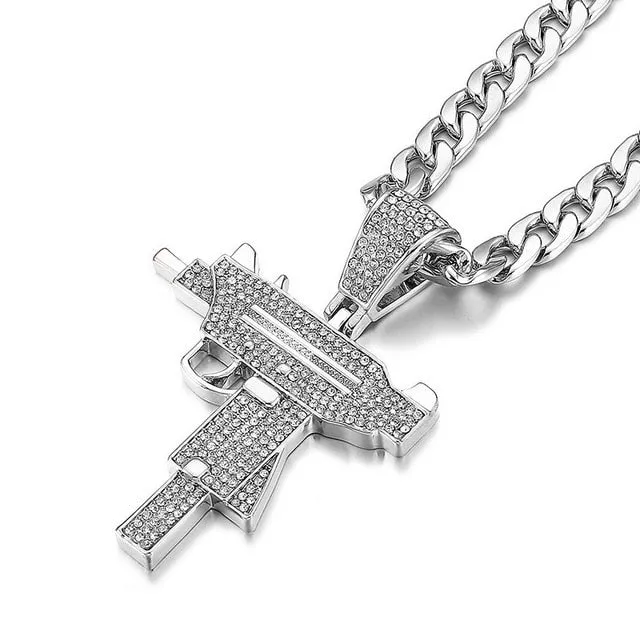 Iced Out Uzi Pendant With Cuban Link Chain Necklace