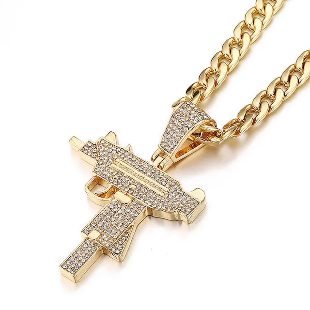 Iced Out Uzi Pendant With Cuban Link Chain Necklace