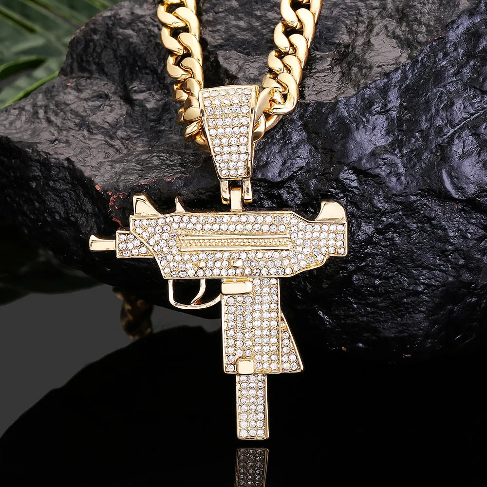 Iced Out Uzi Pendant With Cuban Link Chain Necklace