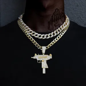 Iced Out Uzi Pendant With Cuban Link Chain Necklace