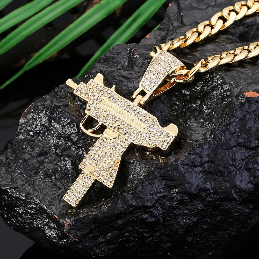 Iced Out Uzi Pendant With Cuban Link Chain Necklace