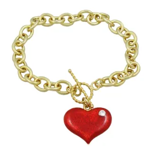 Link Bracelet with Red Enamel and Crystal Heart Charm - PT330B