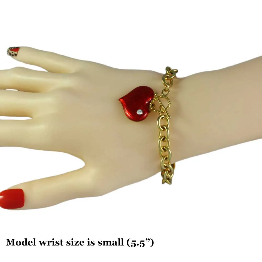 Link Bracelet with Red Enamel and Crystal Heart Charm - PT330B