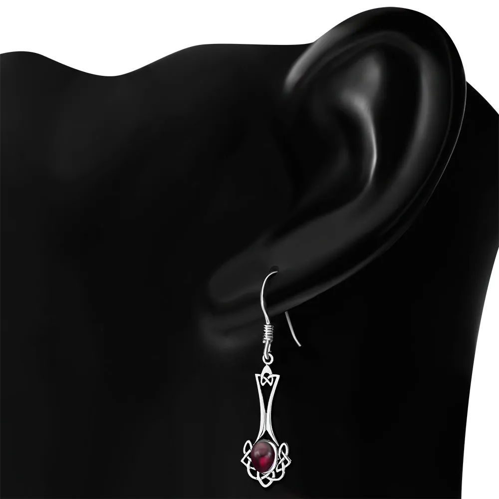 Long Garnet Celtic Knot Silver Earrings