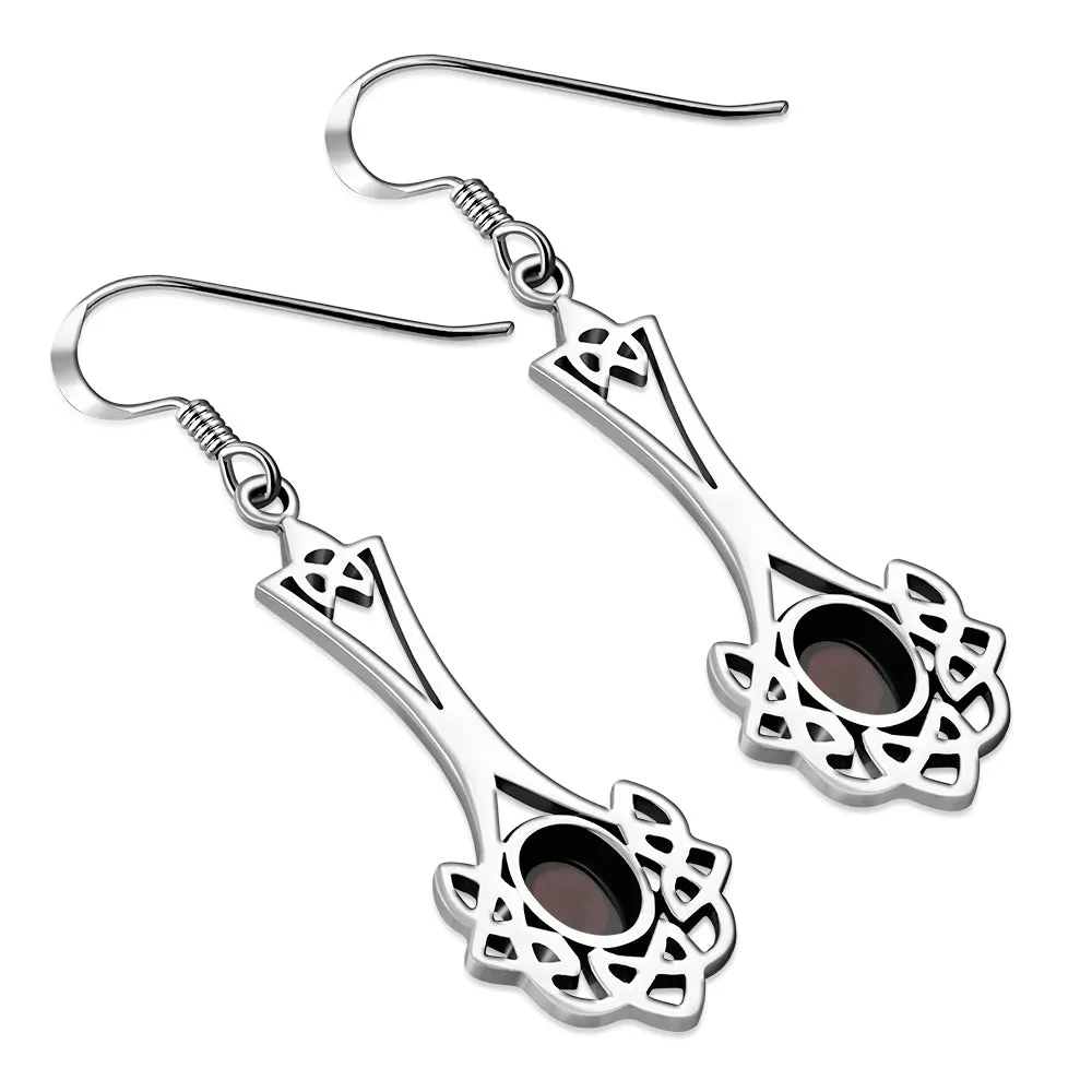 Long Garnet Celtic Knot Silver Earrings