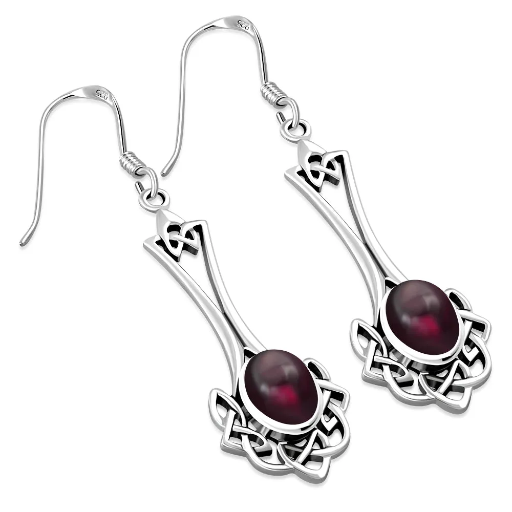 Long Garnet Celtic Knot Silver Earrings