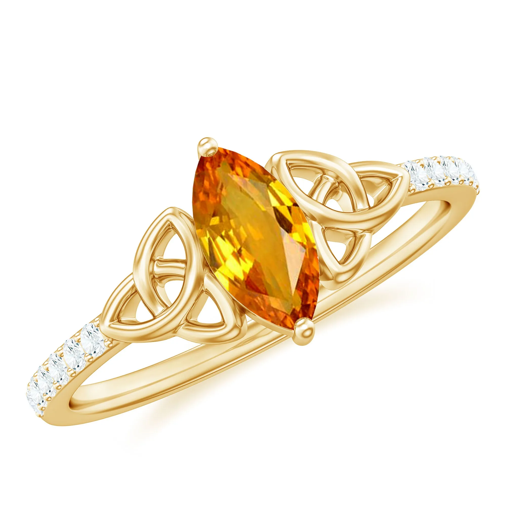 Marquise Cut Solitaire Orange Sapphire Celtic Knot Ring with Diamond