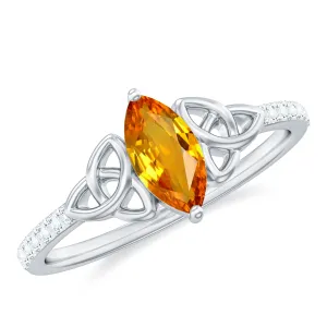 Marquise Cut Solitaire Orange Sapphire Celtic Knot Ring with Diamond