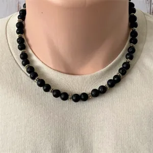 Mens Black Lava and Gold Beaded Necklace