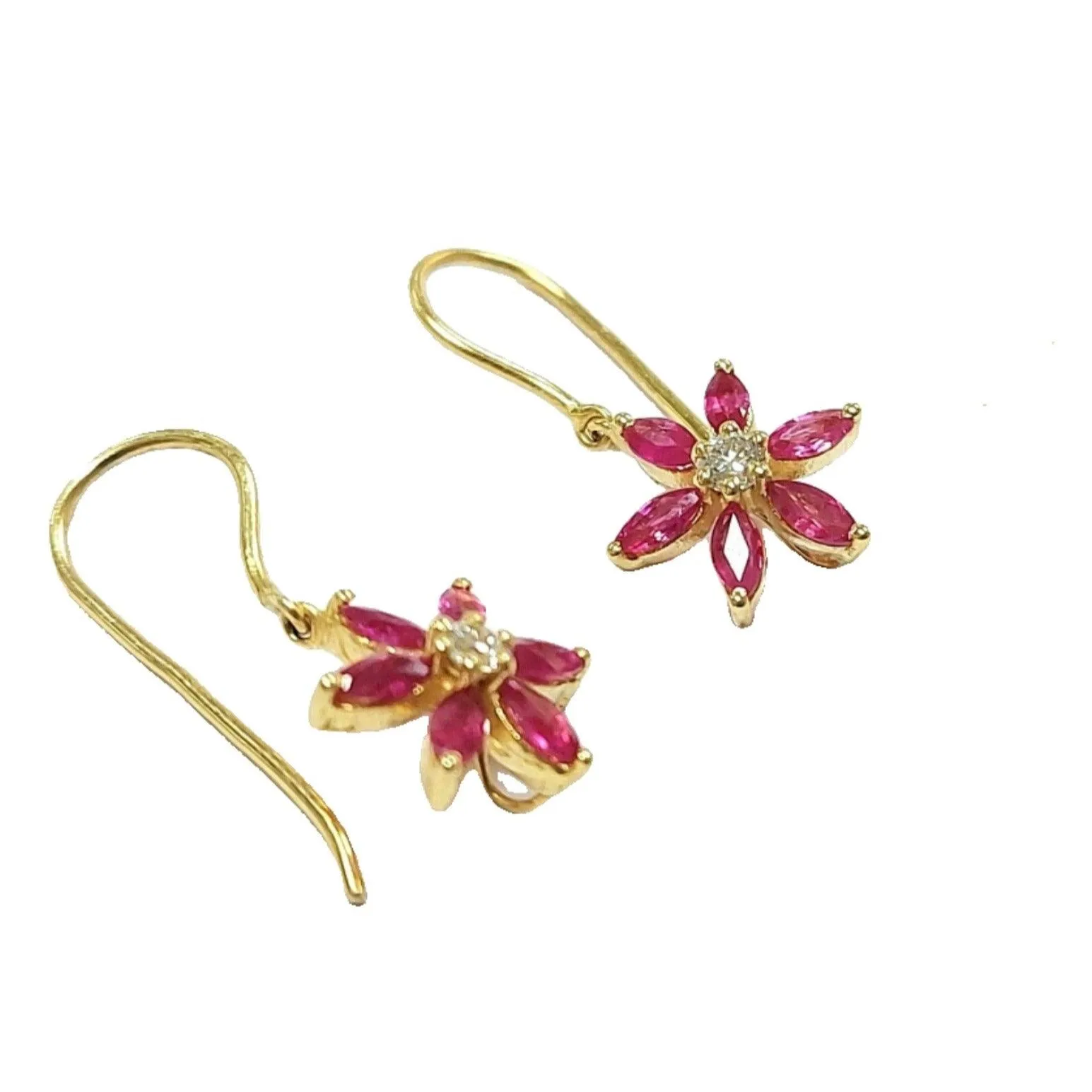 Natural Diamonds Flower Ruby Earrings Gold 18k