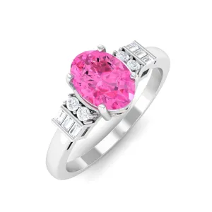 Natural Oval Cut Pink Sapphire Engagement Ring with Diamond