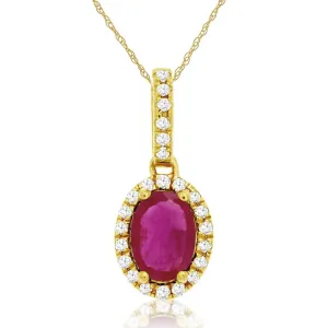 Natural Red Oval Ruby Pave Diamond Halo Pendant Necklace in Yellow Gold