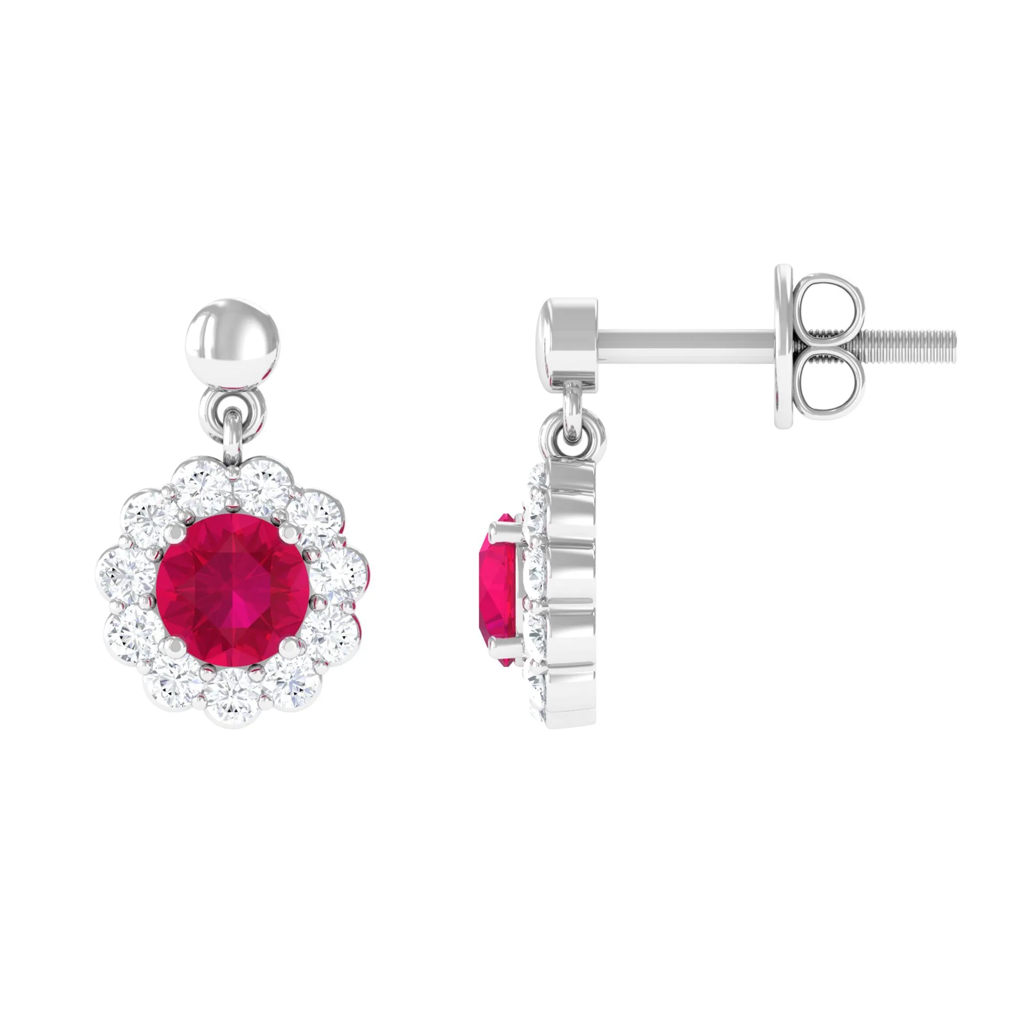 Natural Ruby Flower Drop Earrings with Diamond Halo