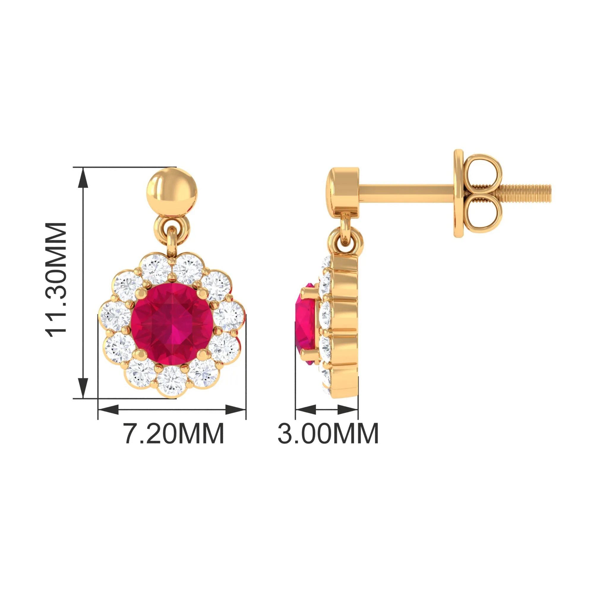 Natural Ruby Flower Drop Earrings with Diamond Halo